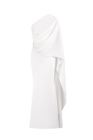 White crepe maxi dress with scarf detail by Joanna Andraos, shown from the front in this elegant fashion image.