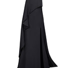 Joanna Andraos Midnight Elegance one-shoulder gown front view, sleek black evening dress with elegant drape and fitted silhouette.