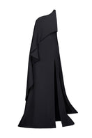 Joanna Andraos Midnight Elegance one-shoulder gown front view, sleek black evening dress with elegant drape and fitted silhouette.
