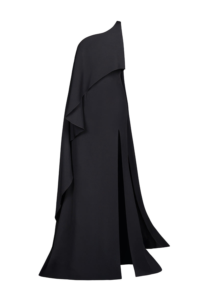 Joanna Andraos Midnight Elegance one-shoulder gown front view, sleek black evening dress with elegant drape and fitted silhouette.