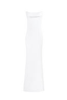 White strapless gown by Joanna Andraos, front view showcasing elegant neckline and flowing fabric design.