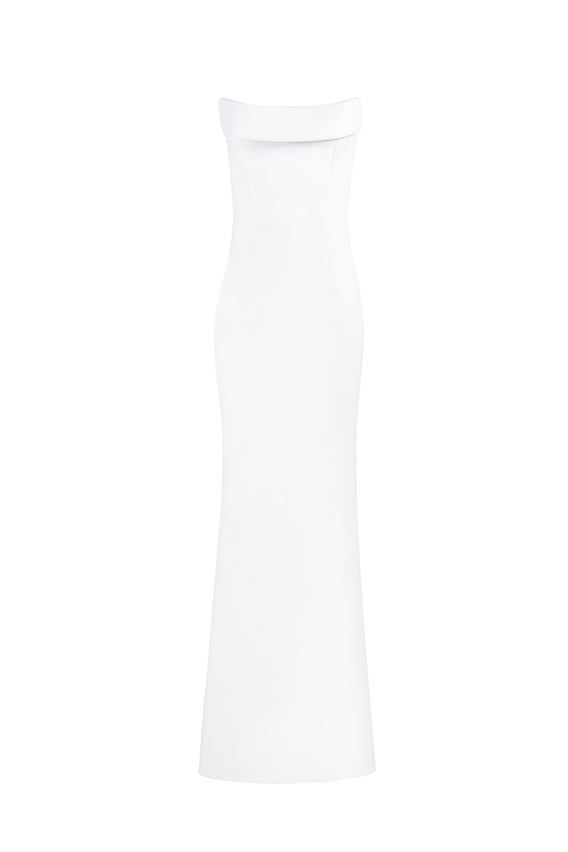 White strapless gown by Joanna Andraos, front view showcasing elegant neckline and flowing fabric design.