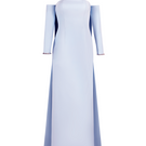 Joanna Andraos strapless crepe tube gown in baby blue, front view showing fitted silhouette and elegant neckline.