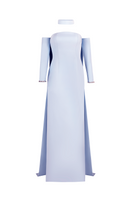 Joanna Andraos strapless crepe tube gown in baby blue, front view showing fitted silhouette and elegant neckline.