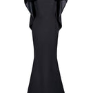 Black cascade gown by Joanna Andraos featuring a flowing silhouette and elegant design, front view with intricate details.