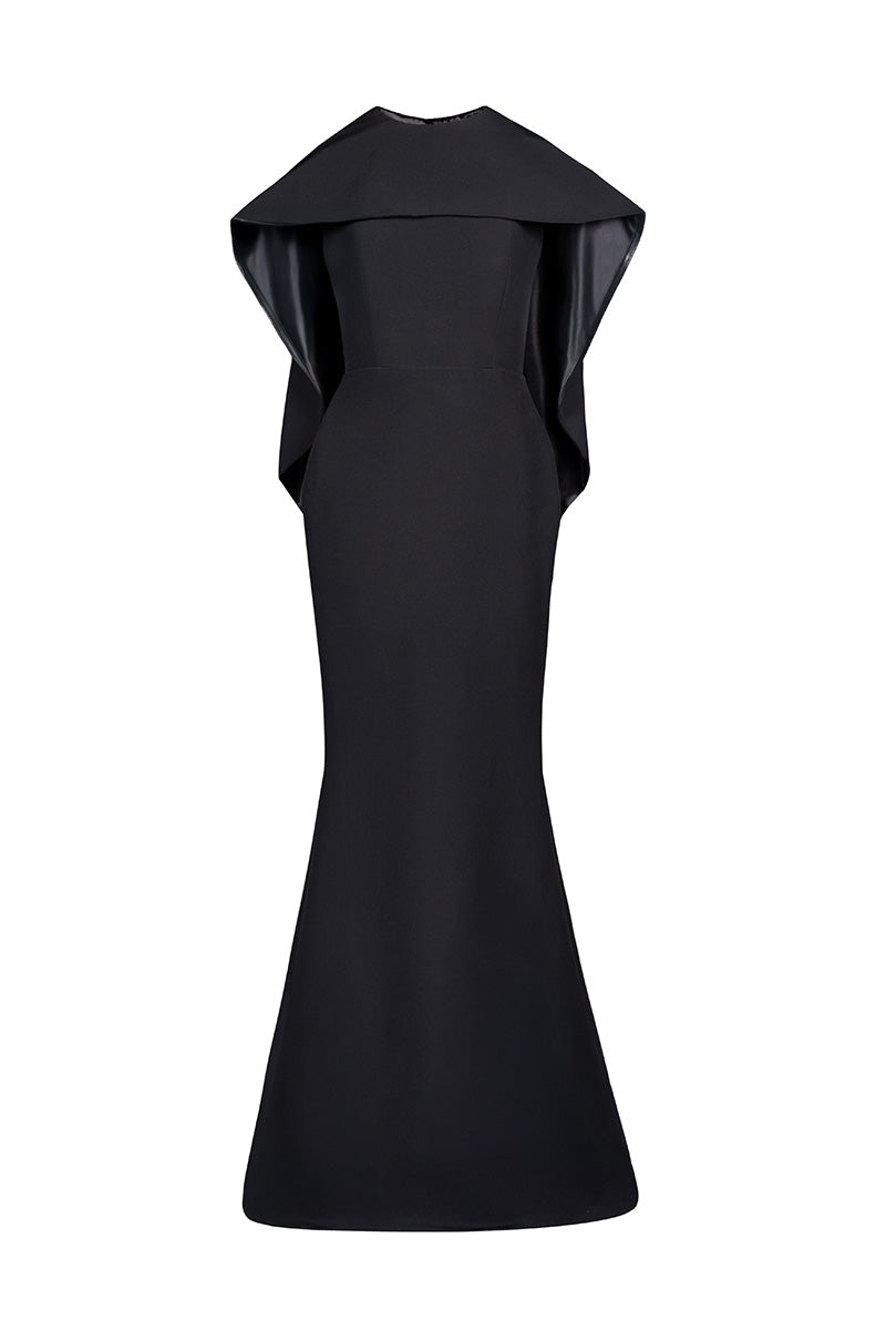 Black cascade gown by Joanna Andraos featuring a flowing silhouette and elegant design, front view with intricate details.