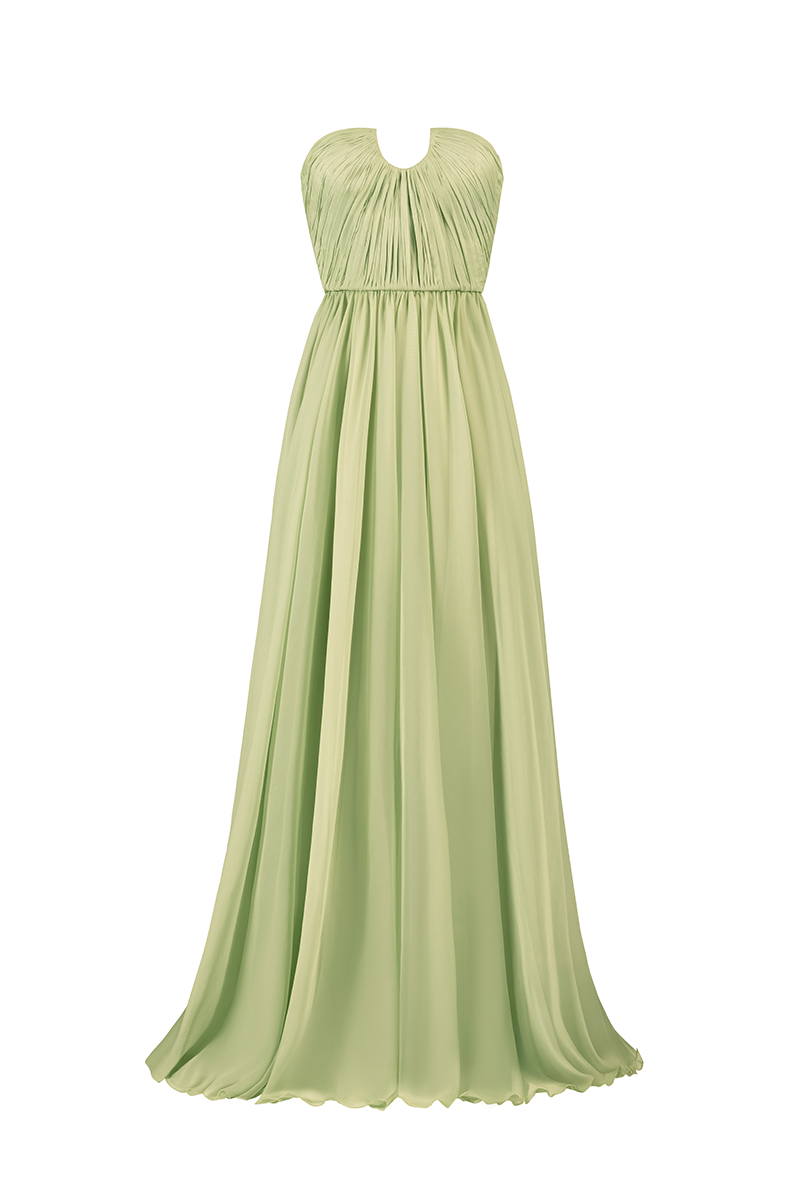 Light green strapless gown by Joanna Andraos, front view showcasing elegant design and flowing fabric.