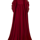 Red strapless gown by Joanna Andraos, front view showcasing elegant neckline and flowing fabric for formal occasions.