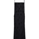 Black feather corset gown by Joanna Andraos, front view showcasing elegant feather details and fitted silhouette.