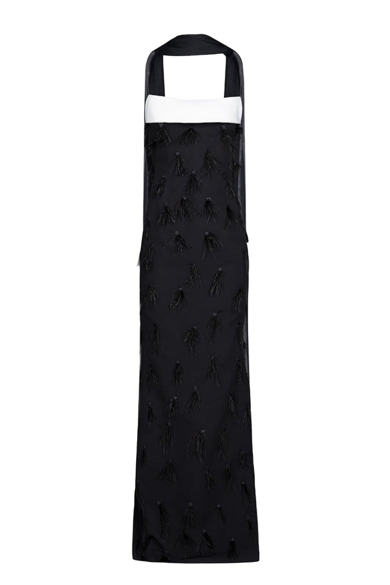 Black feather corset gown by Joanna Andraos, front view showcasing elegant feather details and fitted silhouette.