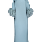 Joanna Andraos Cult Mia X gown featuring a tie-neck design, feather sleeves, and luxurious silk fabric, front view.