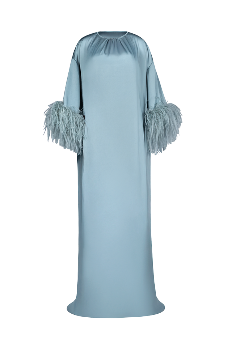 CULT MIA X JOANNA ANDRAOS TIE-NECK FEATHER-SLEEVE SILK DRESS