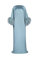 Joanna Andraos Cult Mia X gown featuring a tie-neck design, feather sleeves, and luxurious silk fabric, front view.