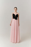 V-neck petal strapless gown by Happy Clothing, elegant floor-length dress with floral details and flowing fabric.