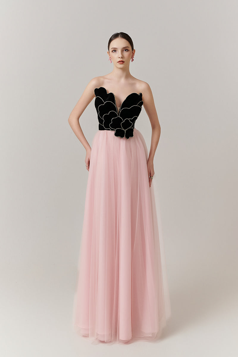V-NECK PETAL STRAPLESS MAXI DRESS - CULT MIA