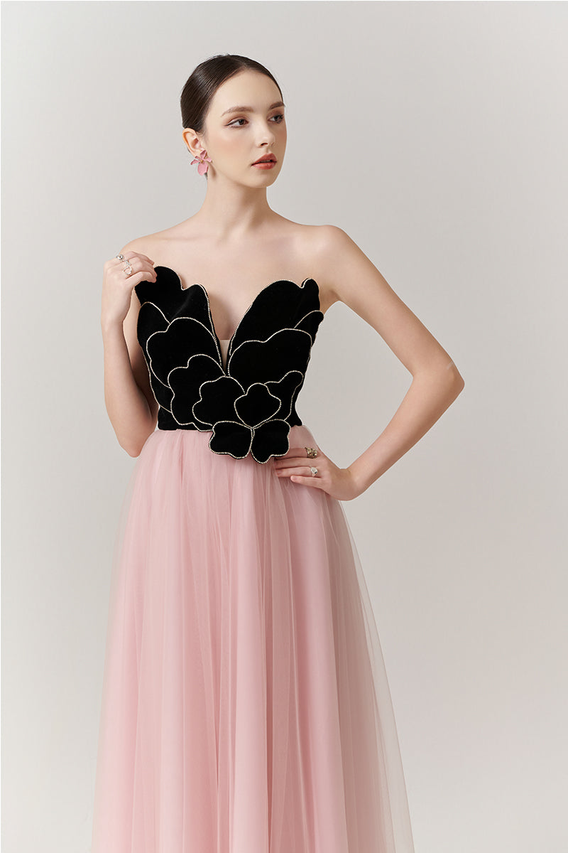 Elegant V-neck petal strapless gown by Happy Clothing featuring a flowing design and delicate floral details.