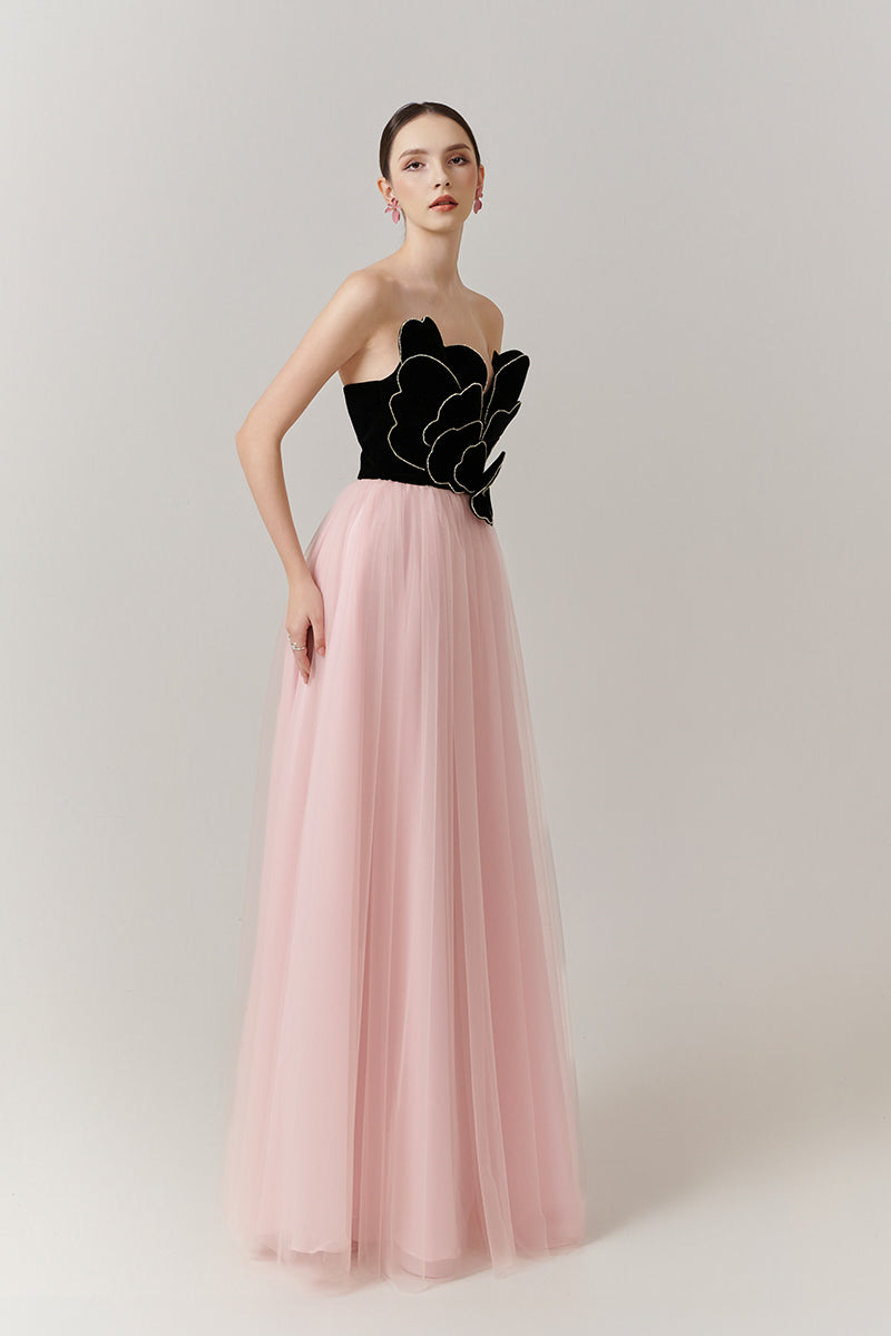 Elegant V-neck petal strapless gown by Happy Clothing, showcasing a flowing design and delicate floral details.