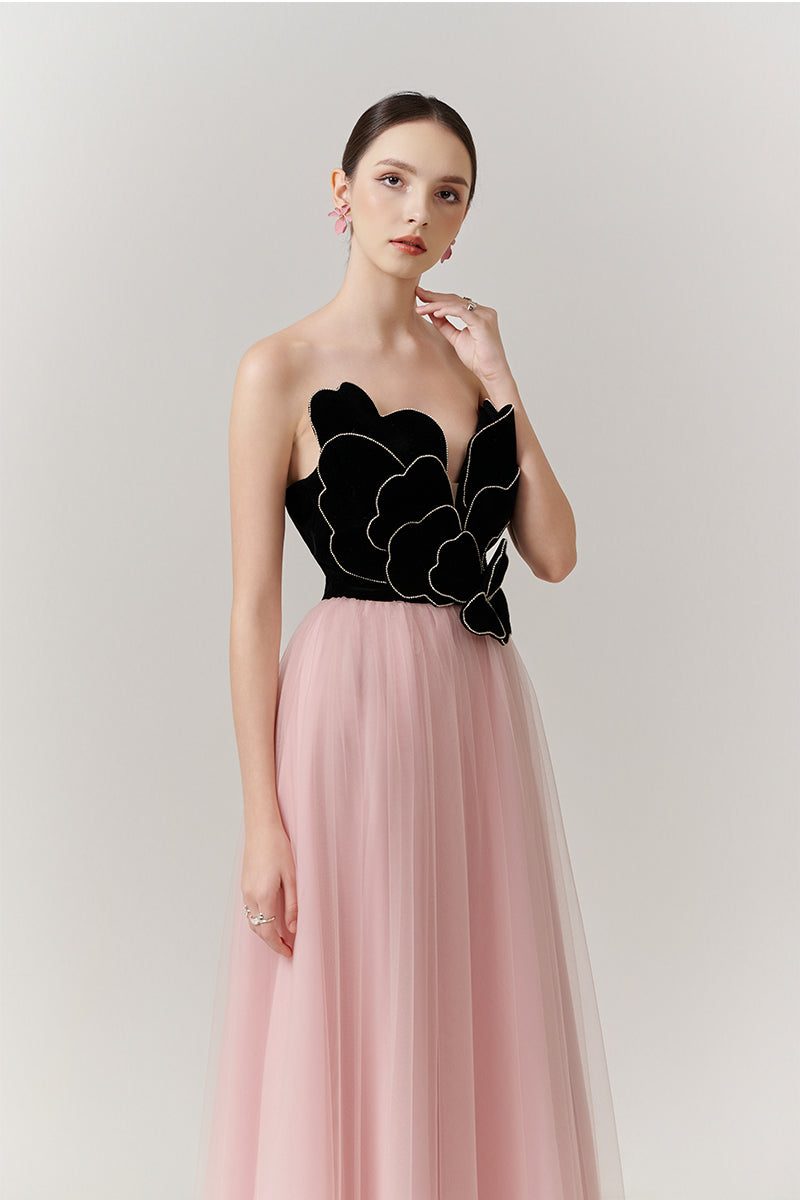 Elegant V-neck petal strapless gown by Happy Clothing, flowing fabric with floral-inspired design, perfect for formal occasions.
