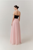Elegant V-neck petal strapless gown by Happy Clothing featuring flowing fabric and a stylish, sophisticated silhouette.