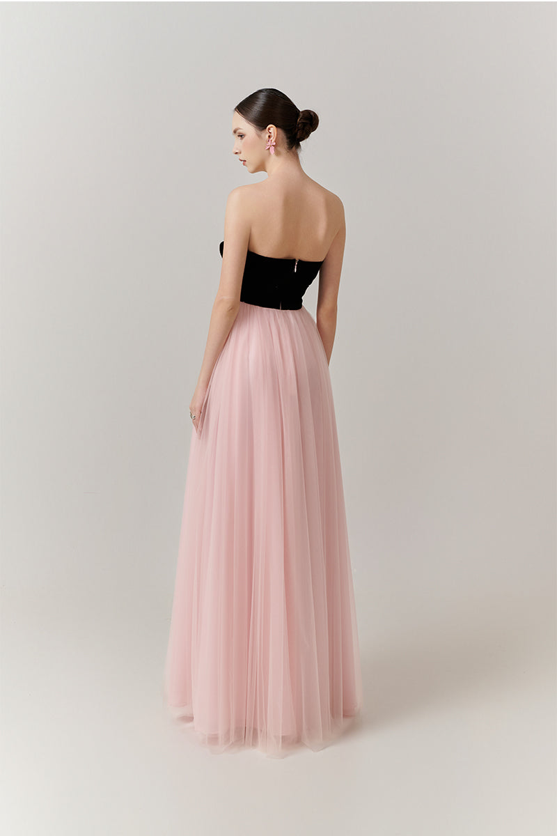 Elegant V-neck petal strapless gown by Happy Clothing featuring flowing fabric and a stylish, sophisticated silhouette.