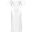 White Gabrijela T-shirt dress by Izakova, casual maxi dress with a relaxed fit and simple round neckline, displayed on a hanger.