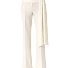 Ivory satin pants with belt by DELEGAN displayed on ghost mannequin, front view showcasing smooth fabric and stylish waistband.