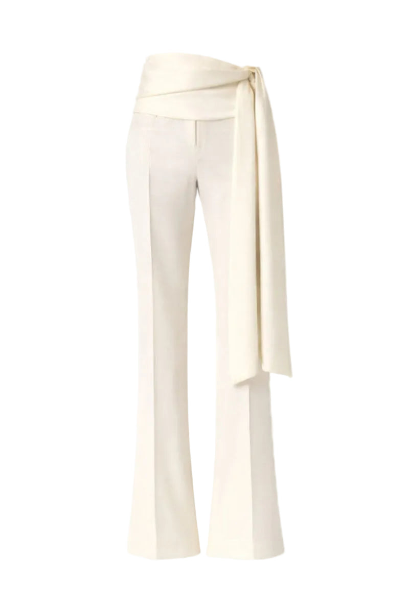 Ivory satin pants with belt by DELEGAN displayed on ghost mannequin, front view showcasing smooth fabric and stylish waistband.