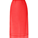 Red veil midi skirt by Delegan displayed on a ghost mannequin, showcasing its flowing fabric and stylish design.