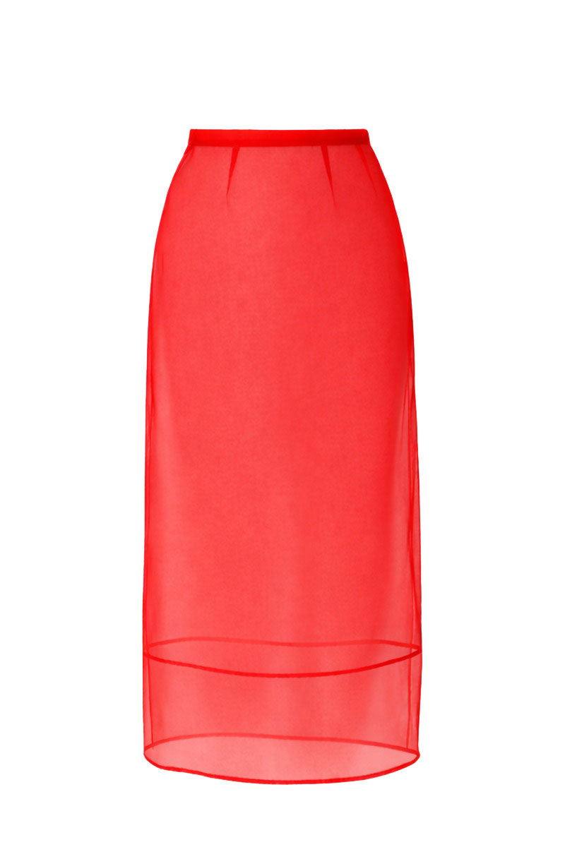 Red veil midi skirt by Delegan displayed on a ghost mannequin, showcasing its flowing fabric and stylish design.
