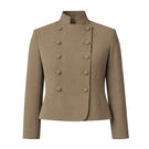 Front view of a DELEGAN crop wool blazer on a ghost mannequin, showcasing its tailored fit and classic design.