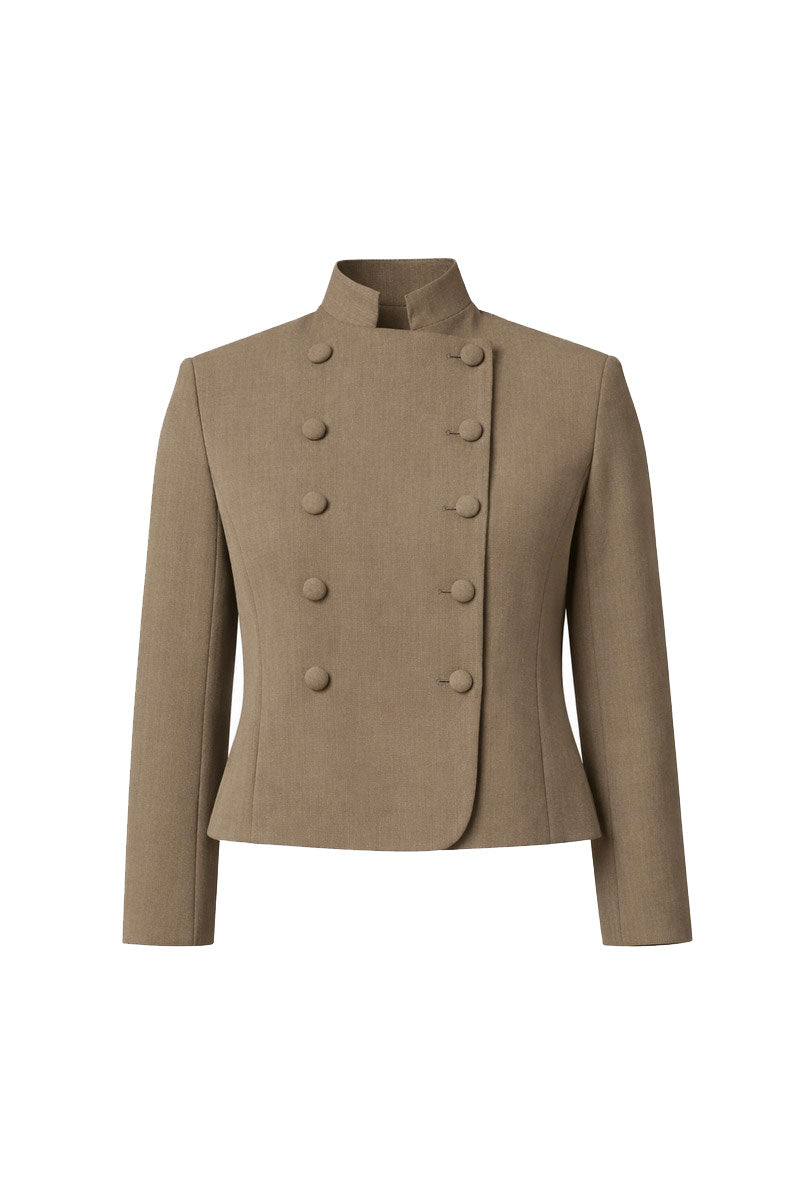 Front view of a DELEGAN crop wool blazer on a ghost mannequin, showcasing its tailored fit and classic design.
