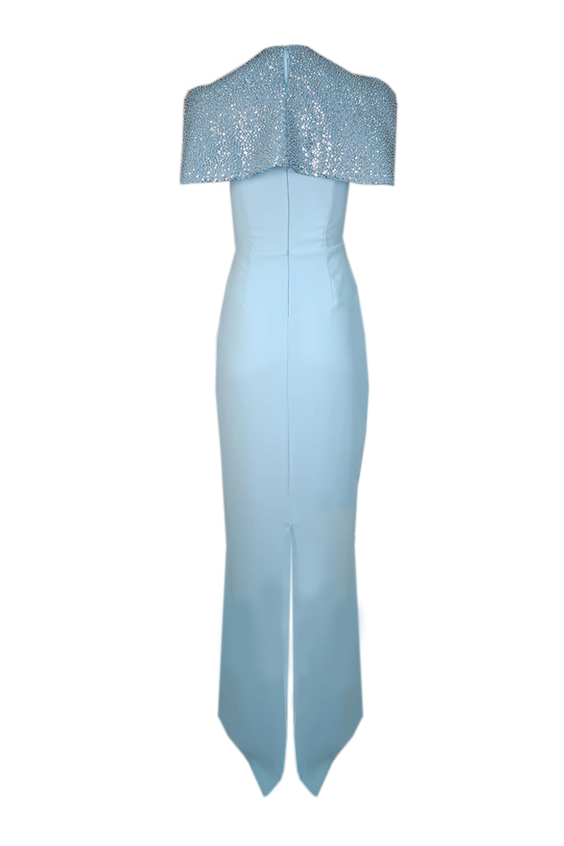 BABY BLUE CORSET DRESS WITH DETACHABLE EMBROIDERED CAPE - CULT MIA