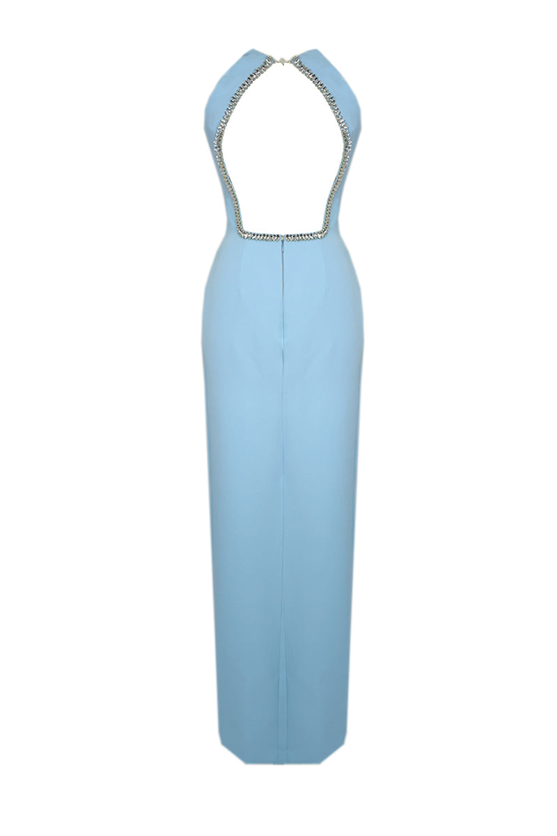 BABY BLUE ADORNED OPEN BACK MAXI DRESS - CULT MIA