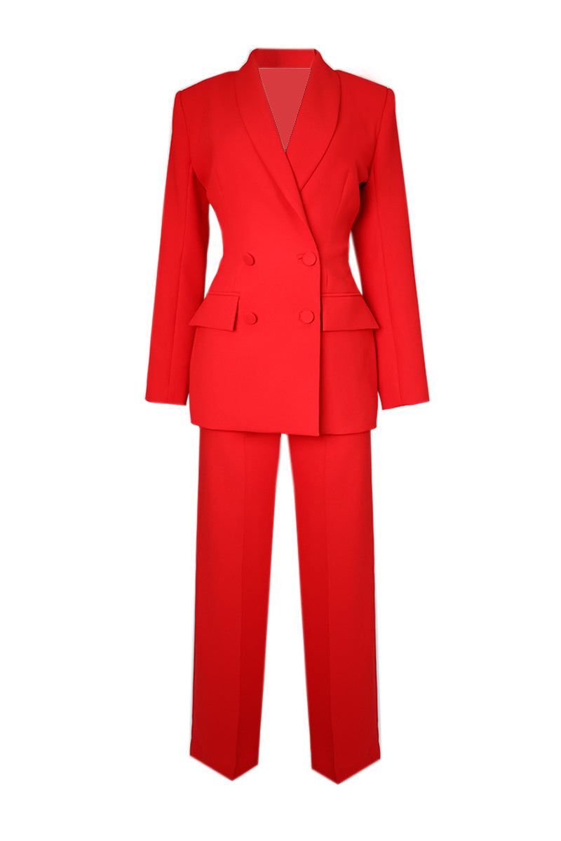 Red hourglass co-ord suit set by Joanna Andraos, featuring a stylish matching top and pants ensemble.