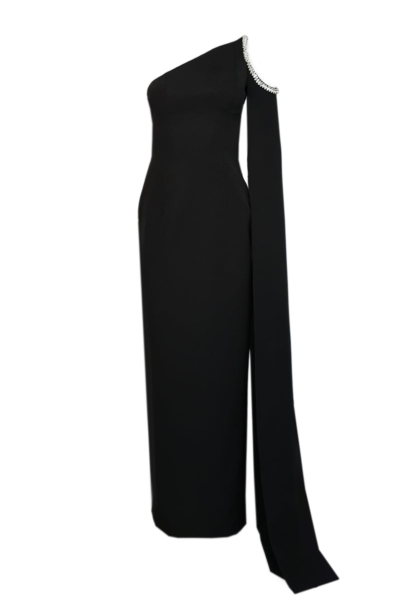 ASYMMETRIC STONE-EMBELLISHED BLACK GOWN - CULT MIA