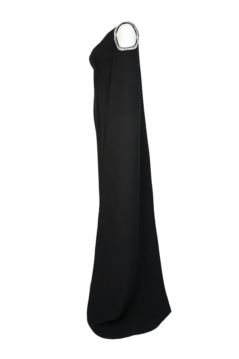 ASYMMETRIC STONE-EMBELLISHED BLACK GOWN - CULT MIA