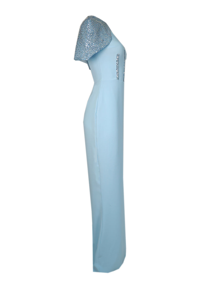 BABY BLUE CORSET DRESS WITH DETACHABLE EMBROIDERED CAPE - CULT MIA