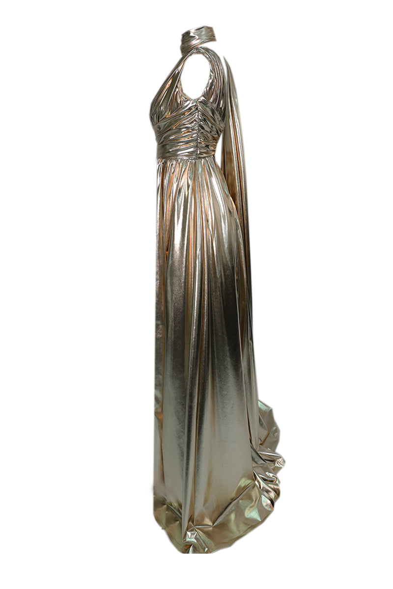 ROSE GOLD METALLIC DRAPED ASYMMETRIC GOWN - CULT MIA