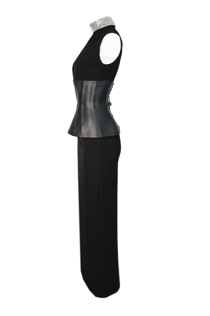 GLAMOUROUS MIRROR-EMBELLISHED GOWN WITH VEGAN CORSET BELT - CULT MIA