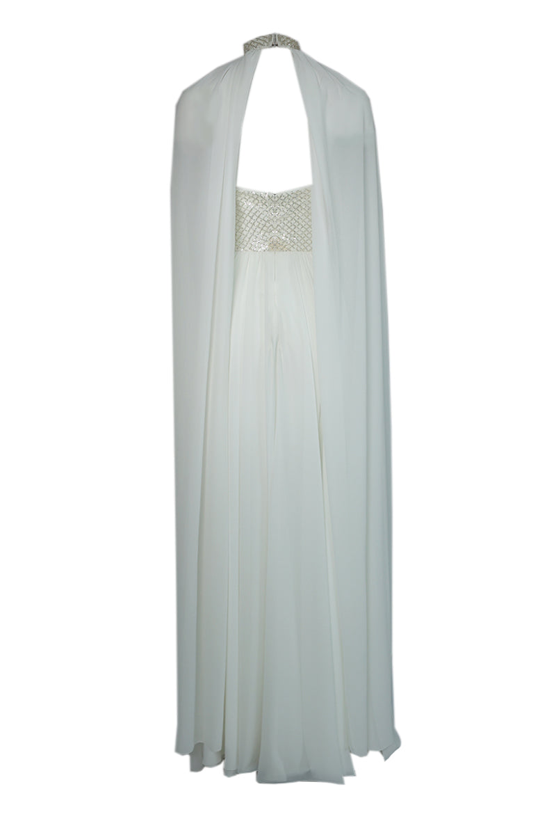 WHITE STRAPLESS GOWN FEATURING CHOKER CAPE - CULT MIA