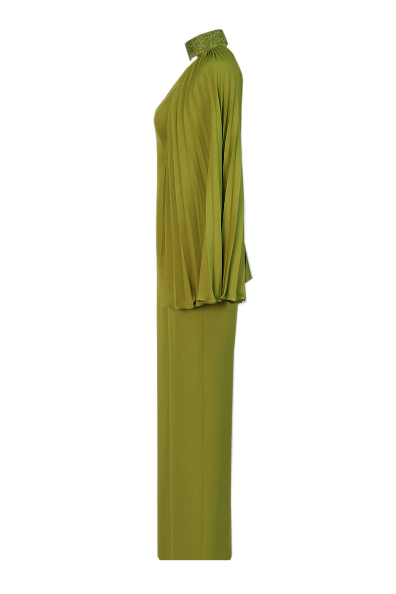 pleated cape maxi dress Cape Sleeve Pleated Maxi Dress Champagne