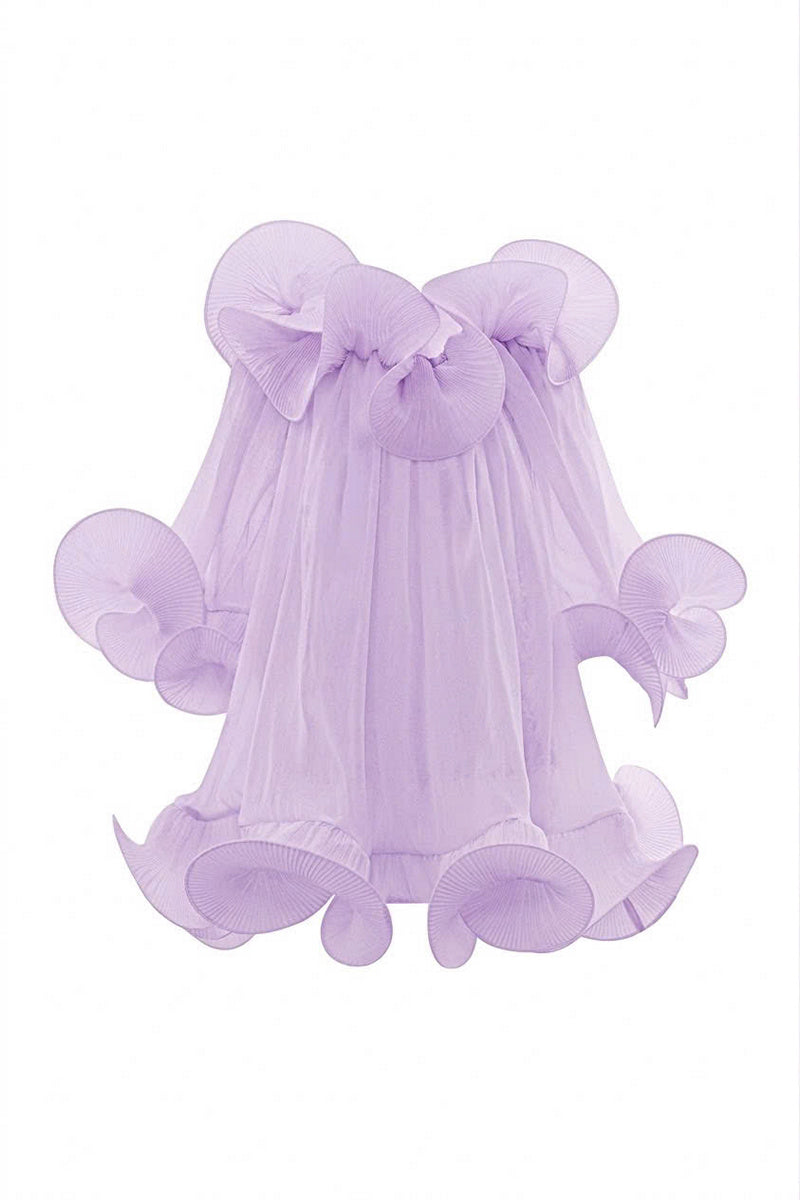 Purple Valenciani Origami Cloud mini dress displayed on a mannequin, showcasing the intricate design and stylish fit.