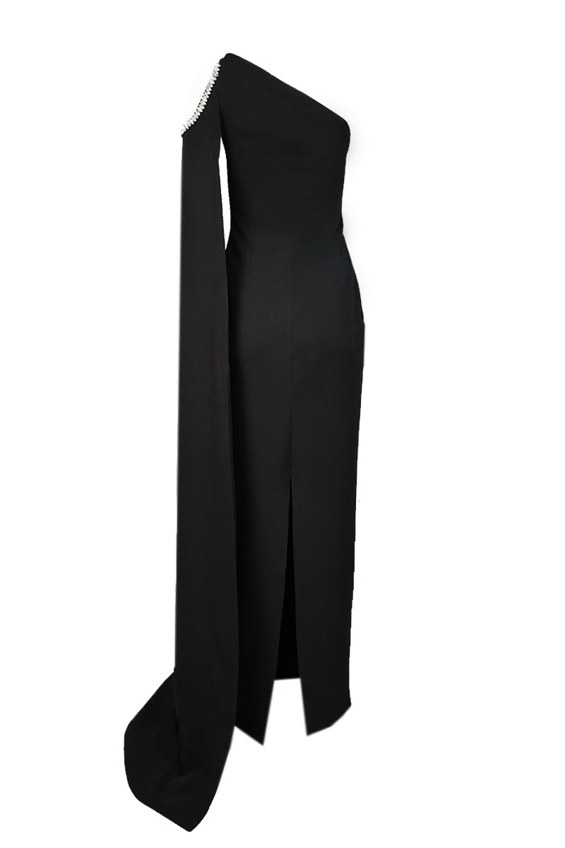 ASYMMETRIC STONE-EMBELLISHED BLACK GOWN - CULT MIA