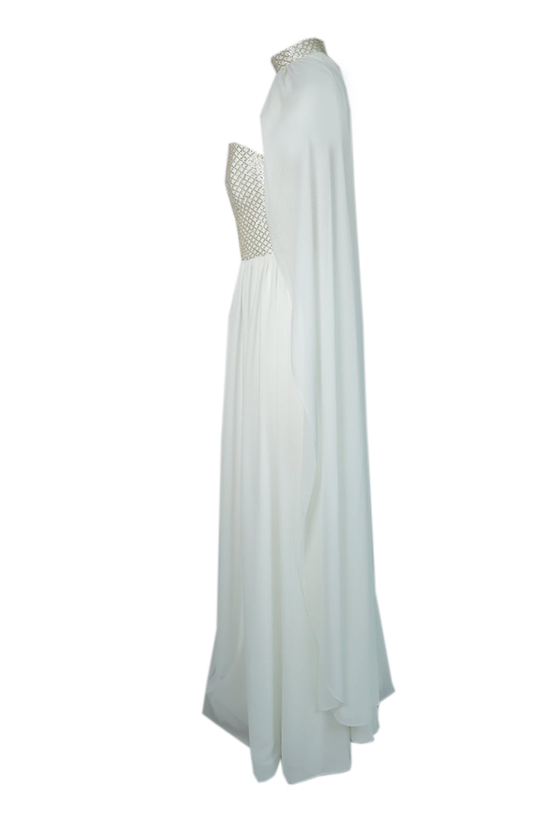 WHITE STRAPLESS GOWN FEATURING CHOKER CAPE - CULT MIA