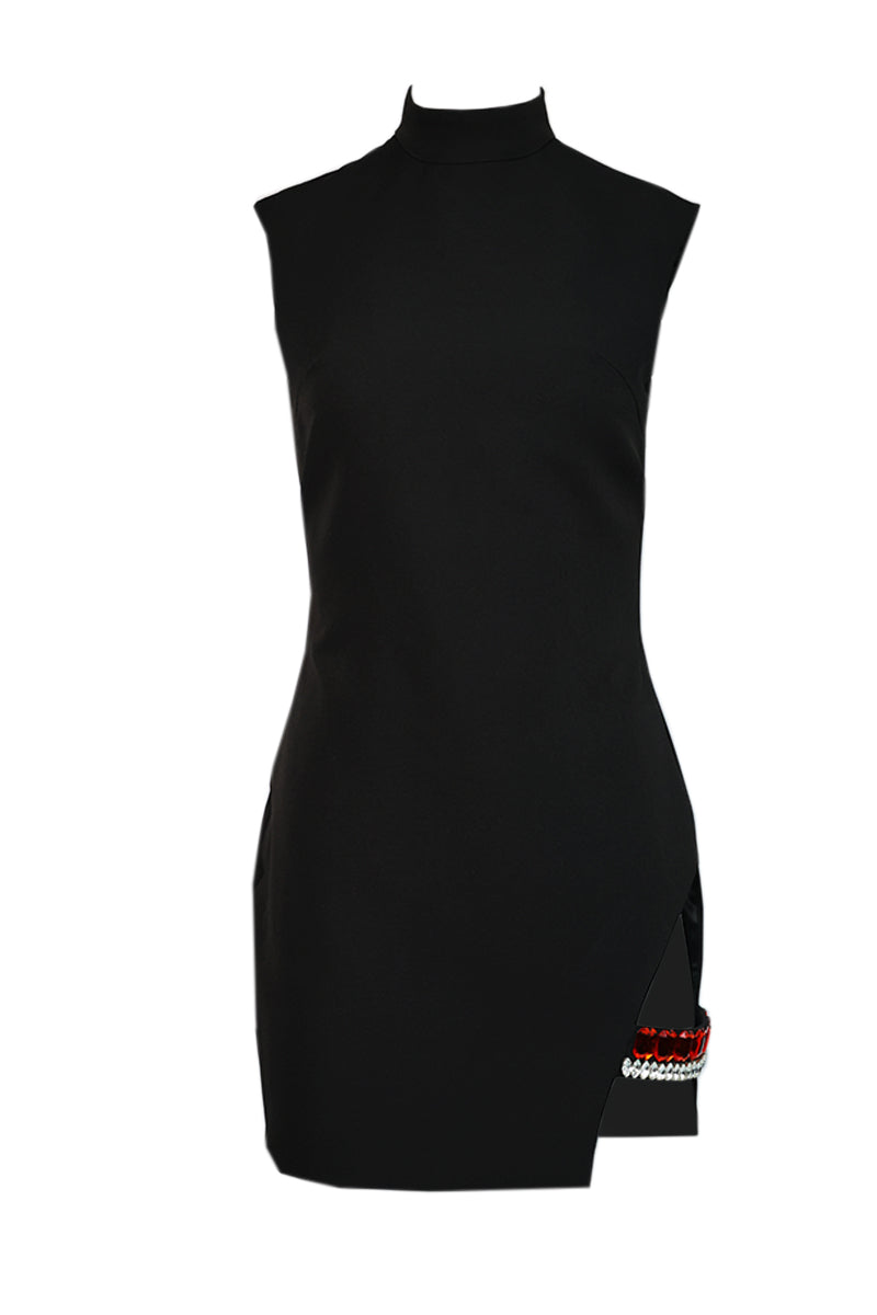 BLACK CRYSTAL ACCENTS CUT-OUT MINI DRESS - CULT MIA