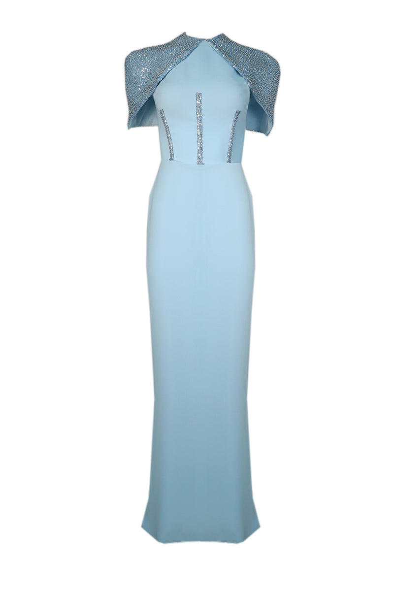 BABY BLUE CORSET DRESS WITH DETACHABLE EMBROIDERED CAPE - CULT MIA
