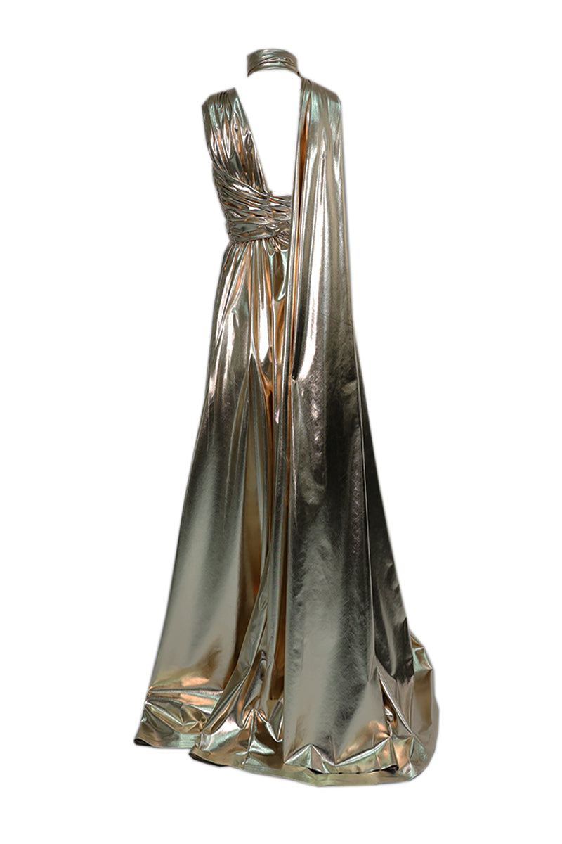 ROSE GOLD METALLIC DRAPED ASYMMETRIC GOWN - CULT MIA