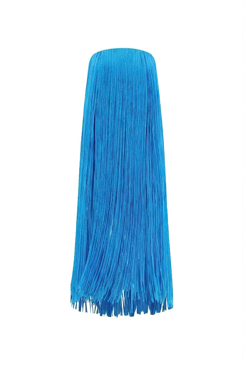 Valenciani CULT MIA X VALENCIANI all-over fringe midi dress displayed on a model with vibrant green background.