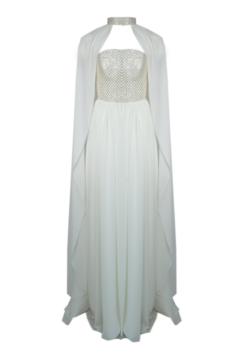 WHITE STRAPLESS GOWN FEATURING CHOKER CAPE - CULT MIA