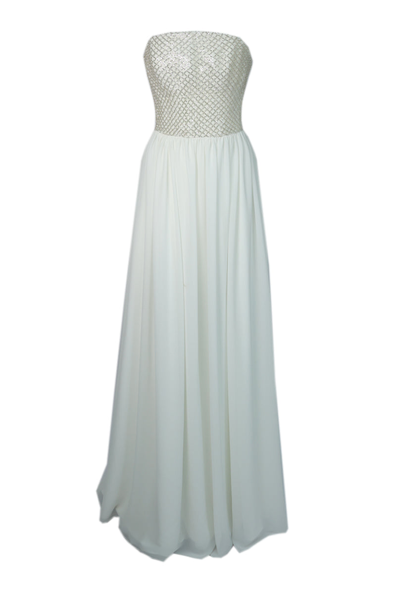 WHITE STRAPLESS GOWN FEATURING CHOKER CAPE - CULT MIA